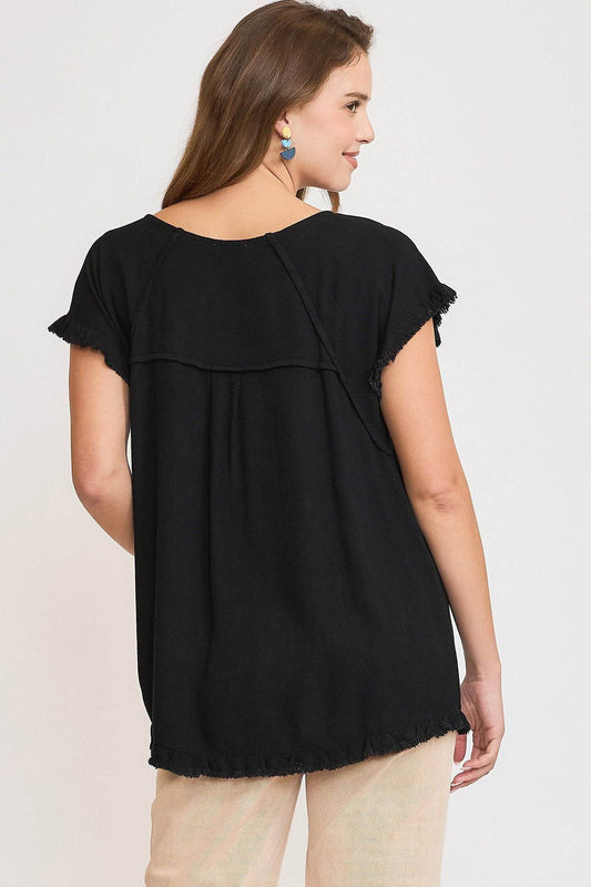 Umgee Full Size Seam Detail Linen Ruffle Fringe Edge Top Plus Size - Shop Style & More | Fresh Looks, Everyday Deals & Free Shipping