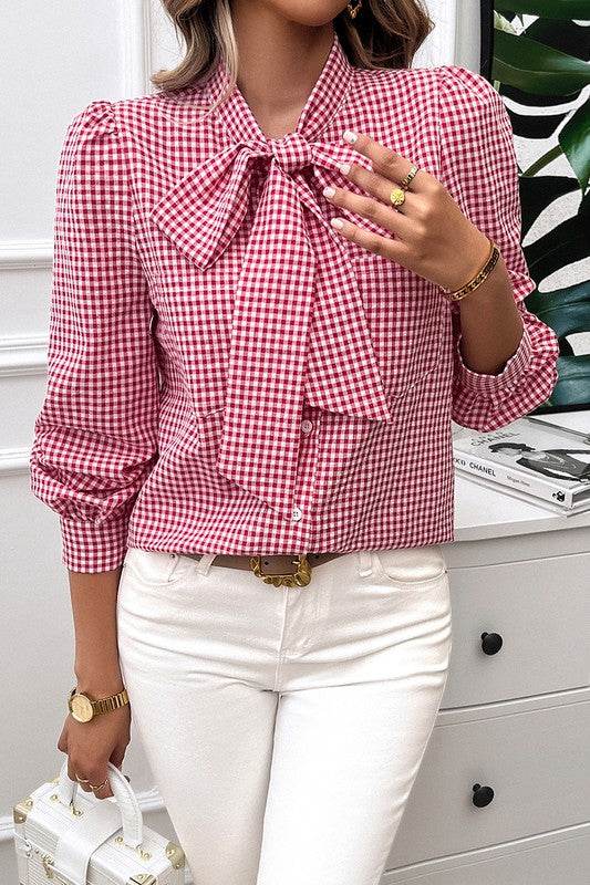 Plaid Puff Sleeves Loose Button Trim Knot Blouse - Shop Style & More | Fresh Looks, Everyday Deals & Free Shipping