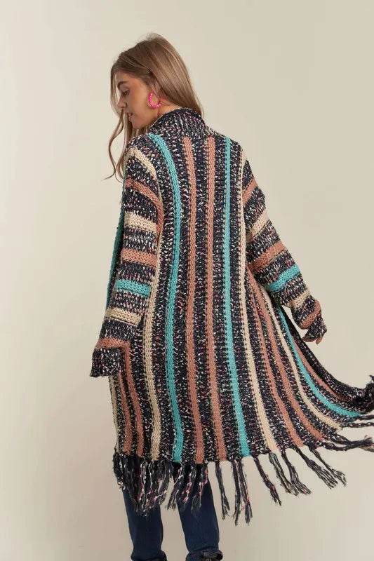 ADORA Multi Colour Sweater Long Cardigan with Fringes - Shop Style & More | Fresh Looks, Everyday Deals & Free Shipping