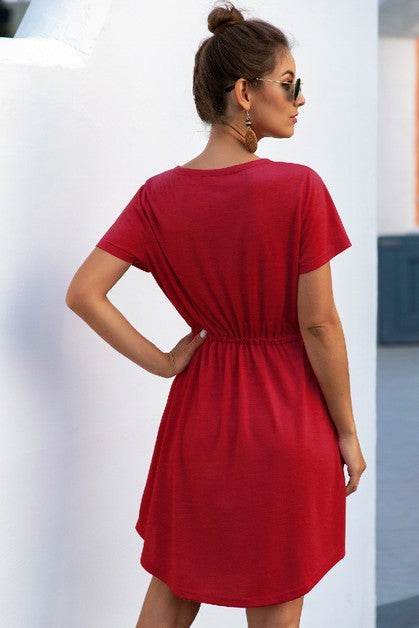 Solid V Neck Button Down Tie Waist Jersey Dress - Shop Style & More | Fresh Looks, Everyday Deals & Free Shipping