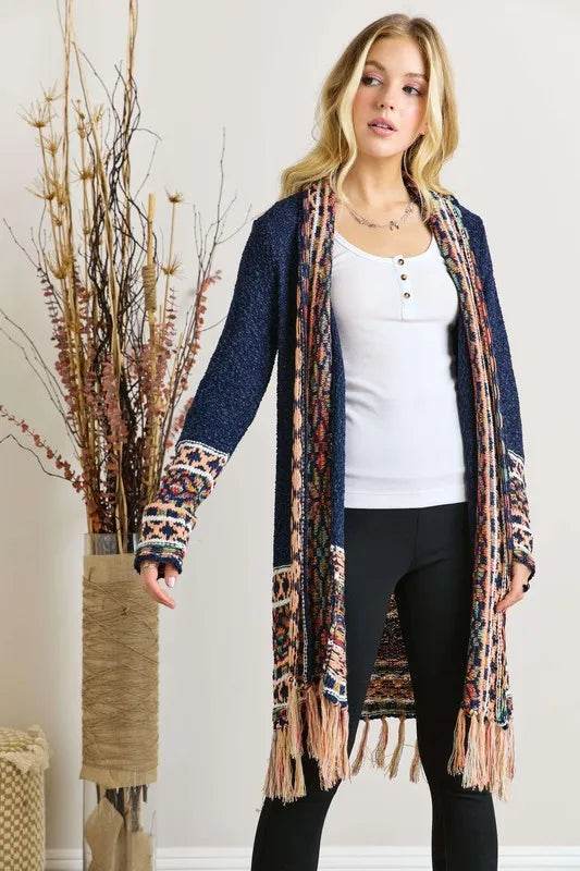 ADORA Full Size Fringe Hem Aztec Border Cardigan Plus Size - Shop Style & More | Fresh Looks, Everyday Deals & Free Shipping