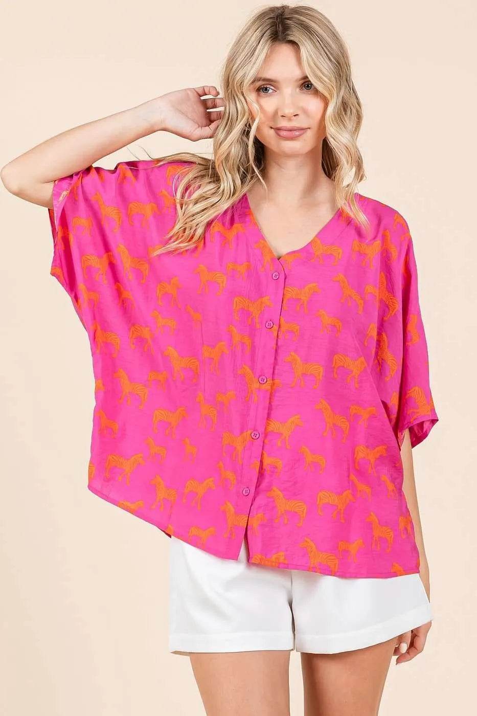 Mittoshop Zebra Print V-Neck Button Down Dolman Sleeve Top - Shop Style & More | Fresh Looks, Everyday Deals & Free Shipping