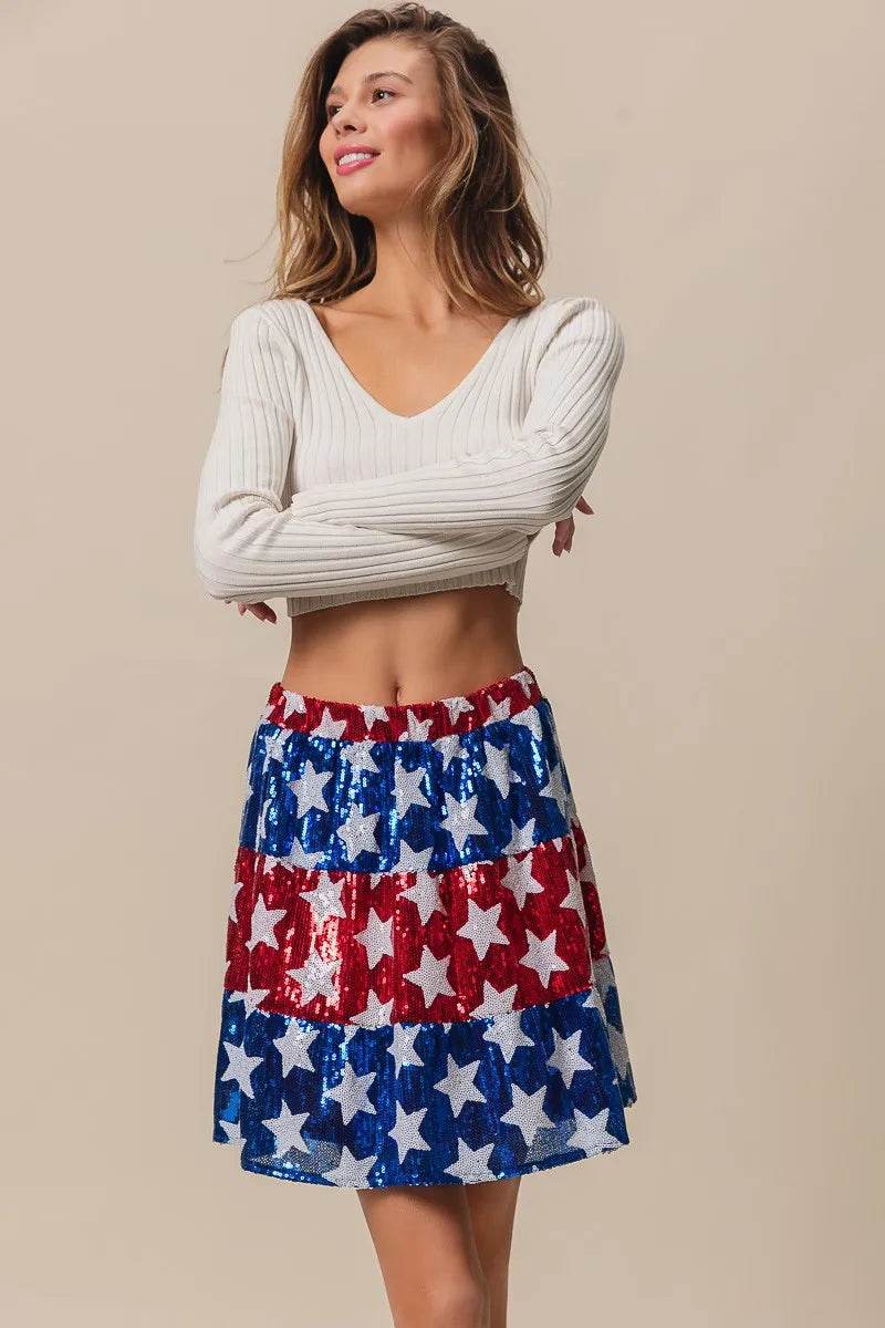BiBi American Flag Theme Star Sequin Tiered Skirt - Shop Style & More | Fresh Looks, Everyday Deals & Free Shipping
