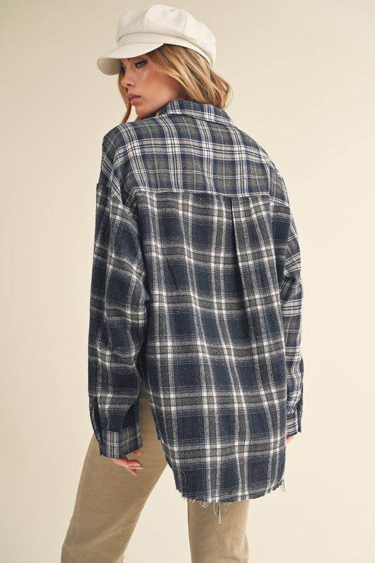 Aemi + Co Frayed Hem Plaid Button Up Flannel Shirt - Shop Style & More | Fresh Looks, Everyday Deals & Free Shipping