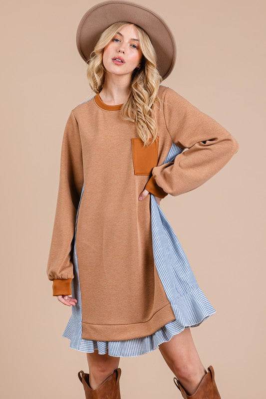 Ces Femme Striped Patchwork Round Neck Terry Sweatshirt Dress - Shop Style & More | Fresh Looks, Everyday Deals & Free Shipping