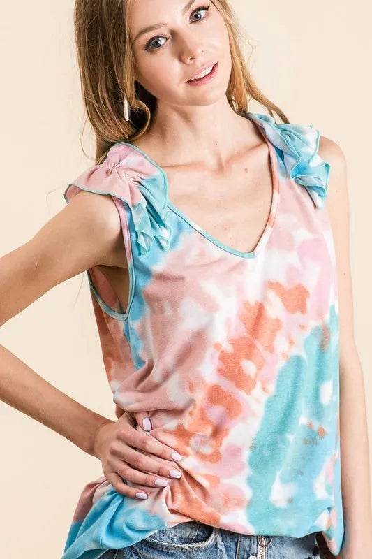 BiBi Circular Tie Dye Knit V Neck Top With Ruffle - Shop Style & More | Fresh Looks, Everyday Deals & Free Shipping