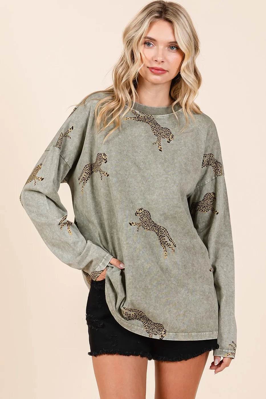 Mittoshop Mineral Wash Cheetah Print Long Sleeve Top - Shop Style & More | Fresh Looks, Everyday Deals & Free Shipping