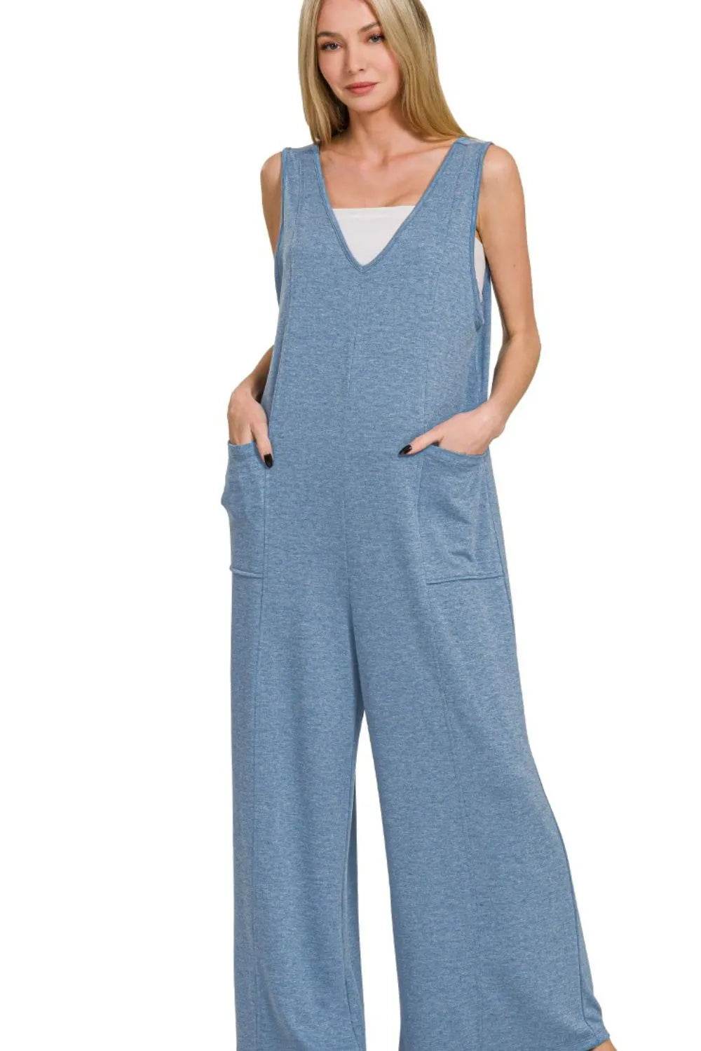 Zenana French Terry Deep V Neck Jumpsuits - Shop Style & More | Fresh Looks, Everyday Deals & Free Shipping