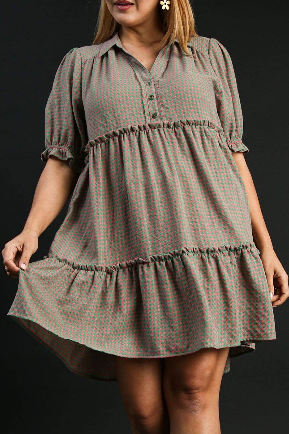 Umgee Full Size Plaid Frill Button Detail Ruffled Short Sleeve Dress Plus Size - Shop Style & More | Fresh Looks, Everyday Deals & Free Shipping