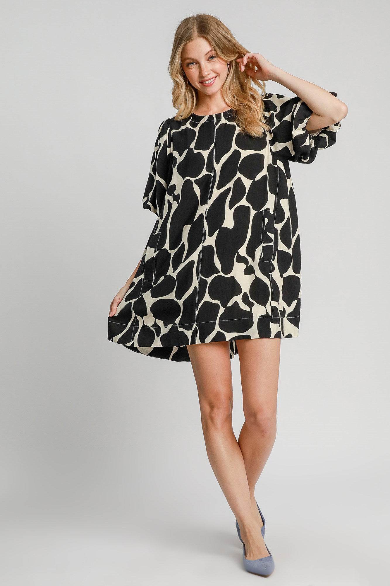 Umgee Full Size Two Tone Abstract Print Puff Sleeve Dress Plus Size - Shop Style & More | Fresh Looks, Everyday Deals & Free Shipping