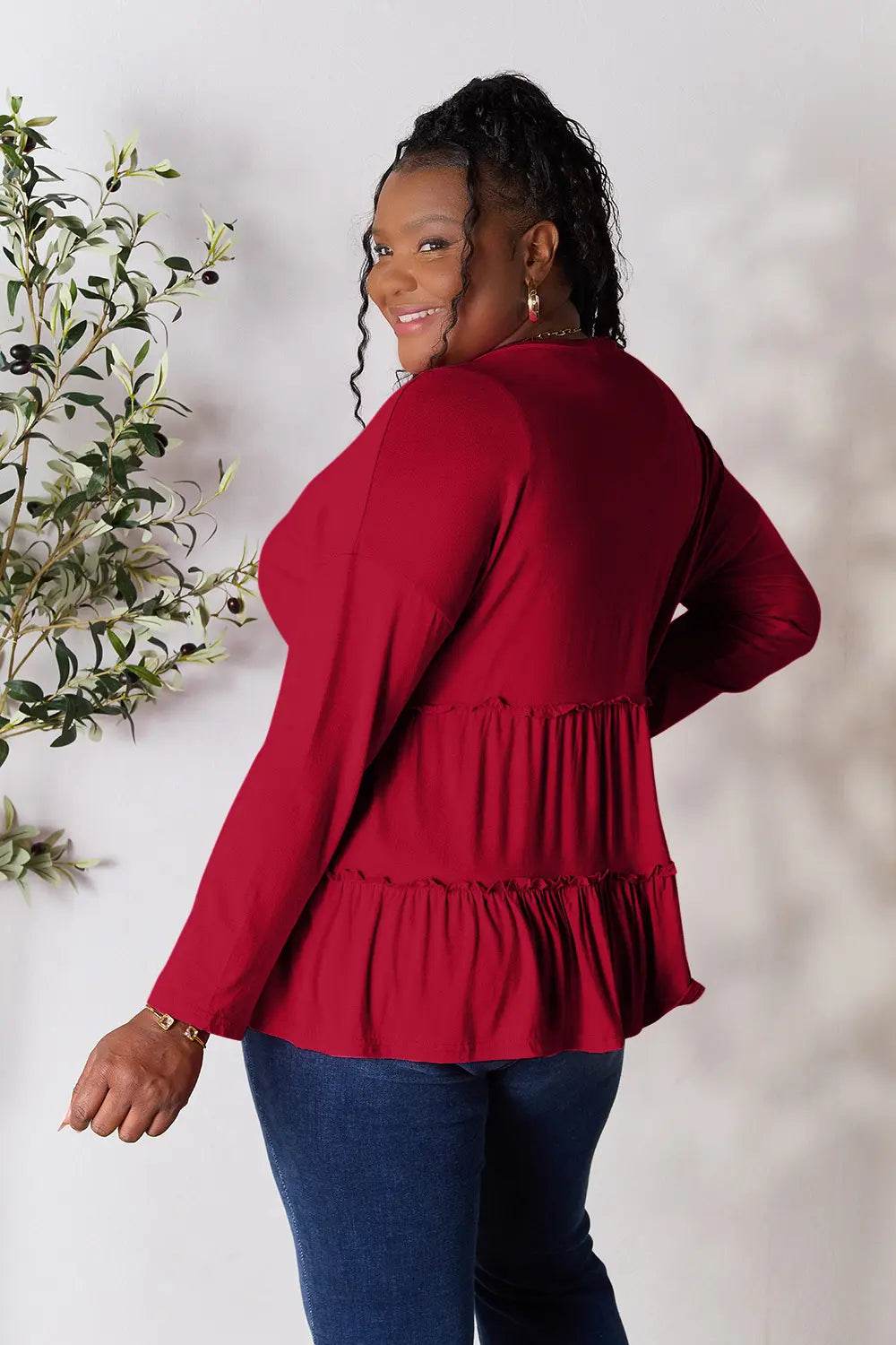 Double Take Half Button Long Sleeve Ruffle Hem Blouse - Shop Style & More | Fresh Looks, Everyday Deals & Free Shipping