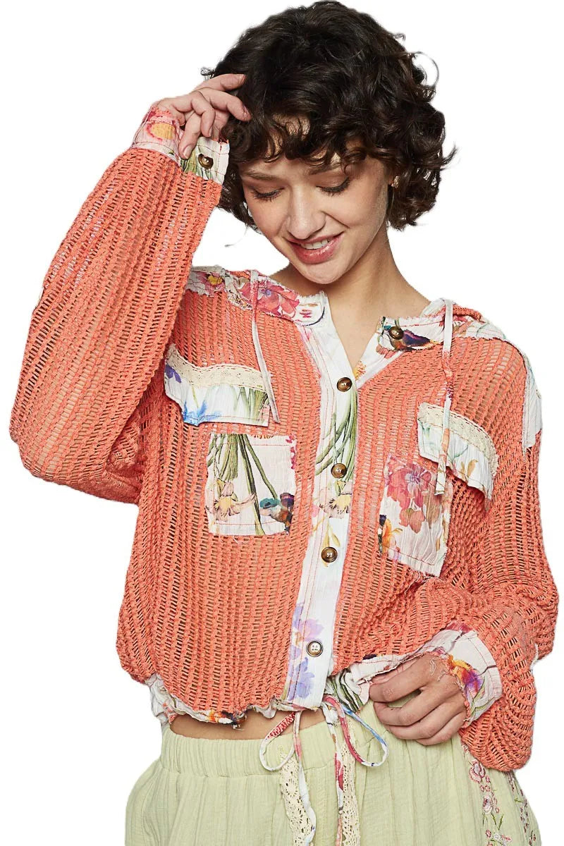 POL Vintage Washed Crochet Hoodie Jacket With Patchwork Women's Outerwear