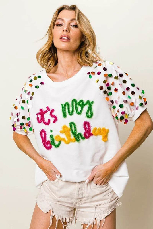 BiBi Metallic Letter Spangle Raglan Puff Sleeve Top - Shop Style & More | Fresh Looks, Everyday Deals & Free Shipping