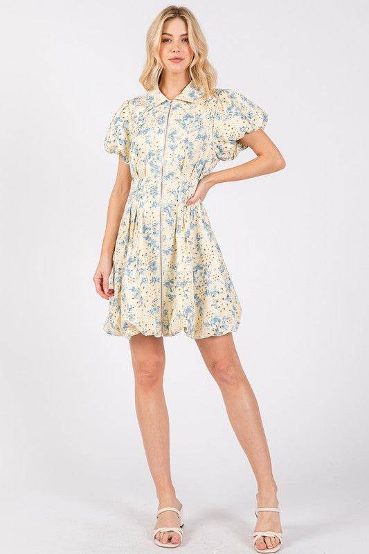 GeeGee Floral Eyelet Zipper Front Puff Sleeve Mini Dress - Shop Style & More | Fresh Looks, Everyday Deals & Free Shipping