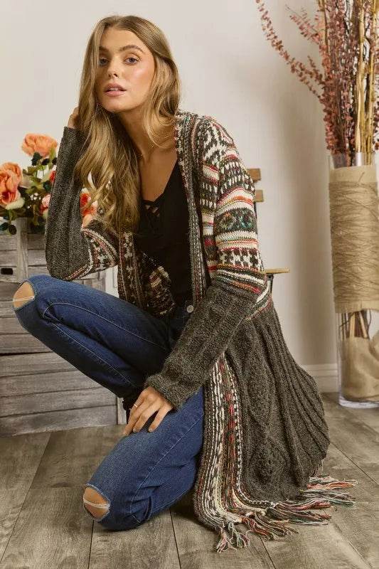 ADORA Full Size Fringe Hem Aztec Cardigan Plus Size - Shop Style & More | Fresh Looks, Everyday Deals & Free Shipping