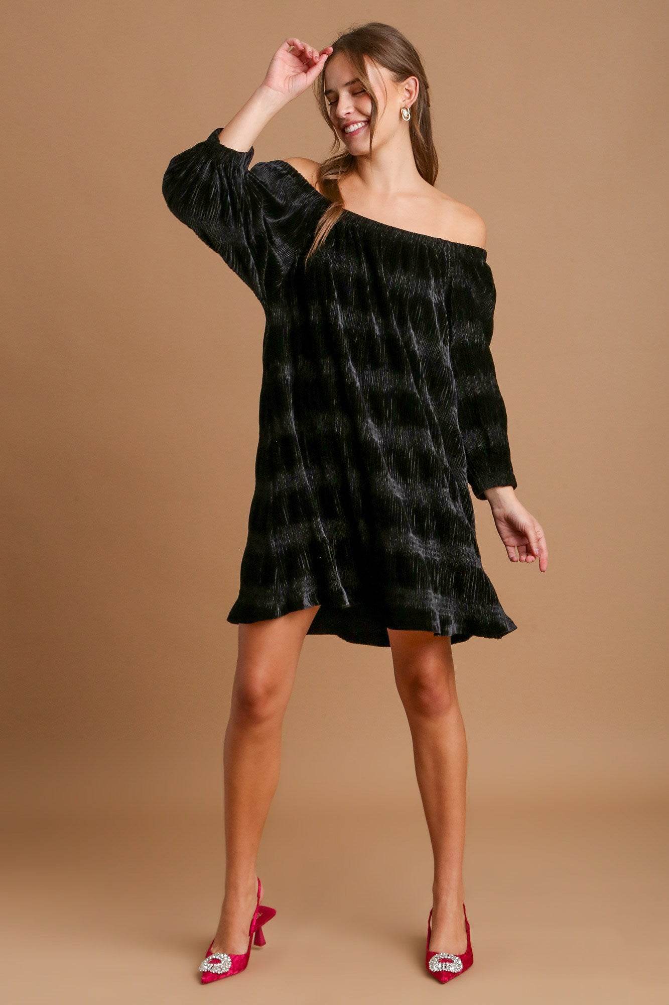 Umgee Off-Shoulder Balloon Sleeve Velvet Mini Dress - Shop Style & More | Fresh Looks, Everyday Deals & Free Shipping