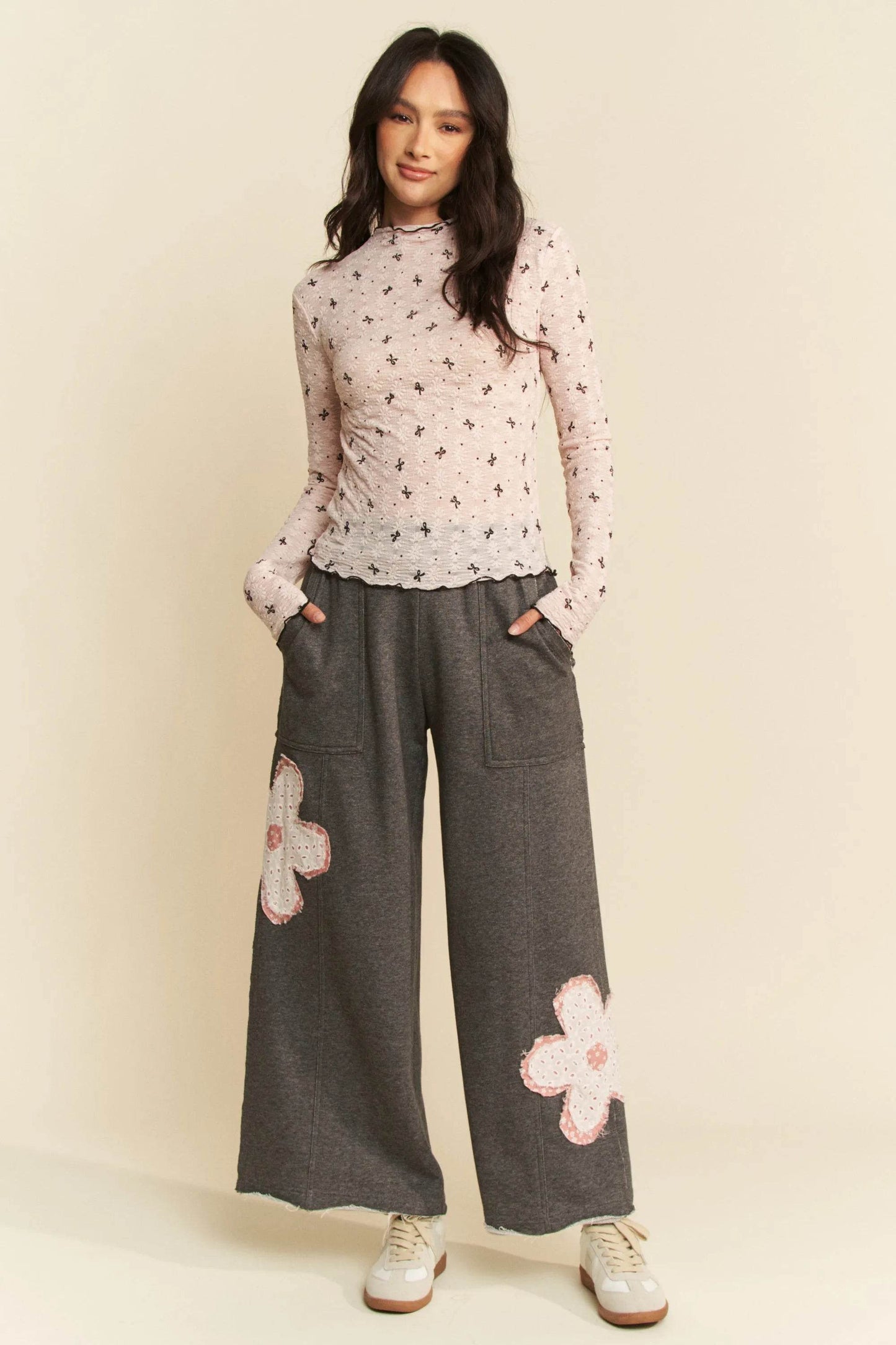 Davi & Dani Ribbon Bow Lace Hem Long Sleeve Mesh Layering Top - Shop Style & More | Fresh Looks, Everyday Deals & Free Shipping