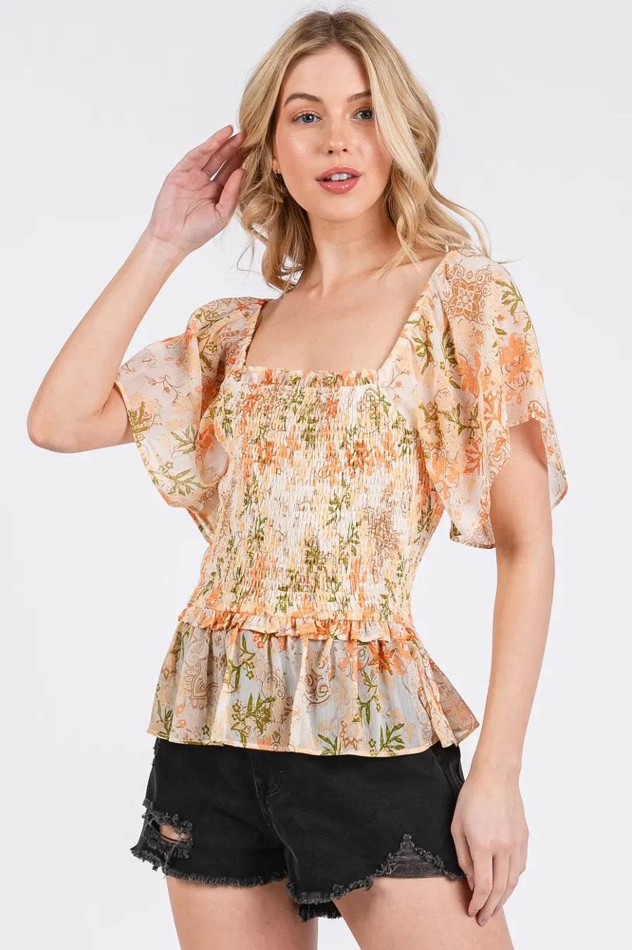 Mittoshop Floral Chiffon Smocked Square Neck Peplum Top - Shop Style & More | Fresh Looks, Everyday Deals & Free Shipping