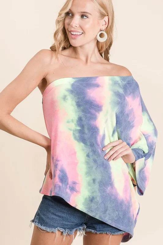 BiBi Tie Dye French Terry One Shoulder Top with Dolman - Shop Style & More | Fresh Looks, Everyday Deals & Free Shipping