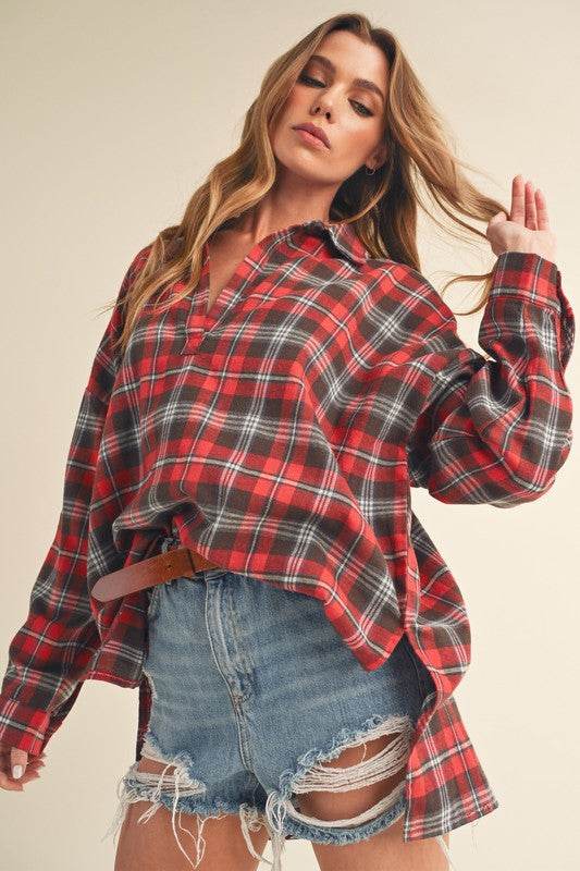 Aemi + Co Side Slit High-Low Plaid Long Sleeve Polo Shirt - Shop Style & More | Fresh Looks, Everyday Deals & Free Shipping