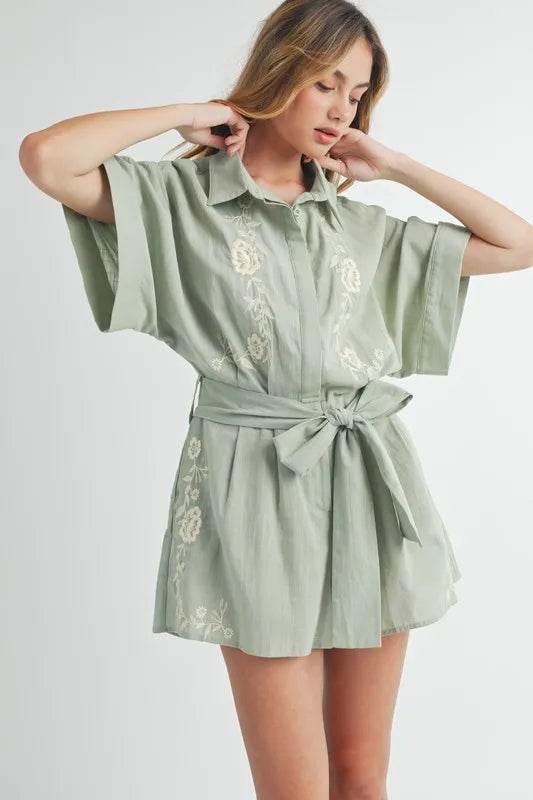MABLE Embroidered Button Down Collared Neck Romper - Shop Style & More | Fresh Looks, Everyday Deals & Free Shipping