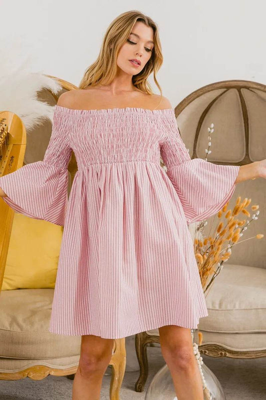BiBi Smocked Off Shoulder Striped Dress - Shop Style & More | Fresh Looks, Everyday Deals & Free Shipping