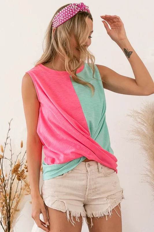 BiBi Slub Terry Color Block Twisted Top - Shop Style & More | Fresh Looks, Everyday Deals & Free Shipping
