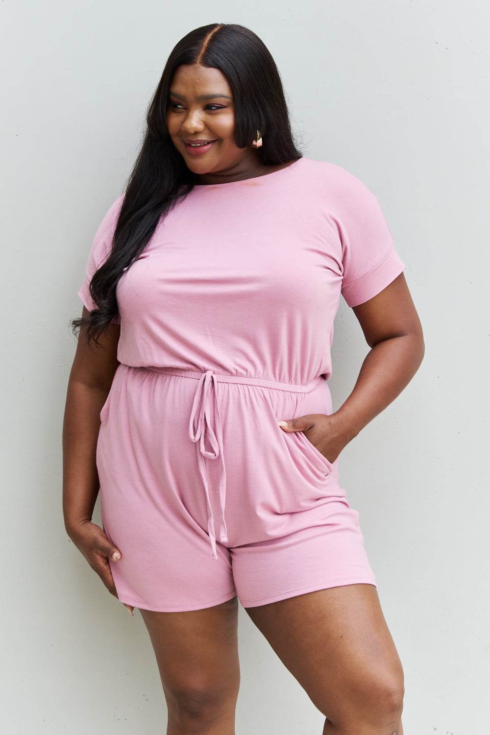 Zenana Chilled Out Full Size Short Sleeve Romper in Light Carnation Pink - Shop Style & More | Fresh Looks, Everyday Deals & Free Shipping