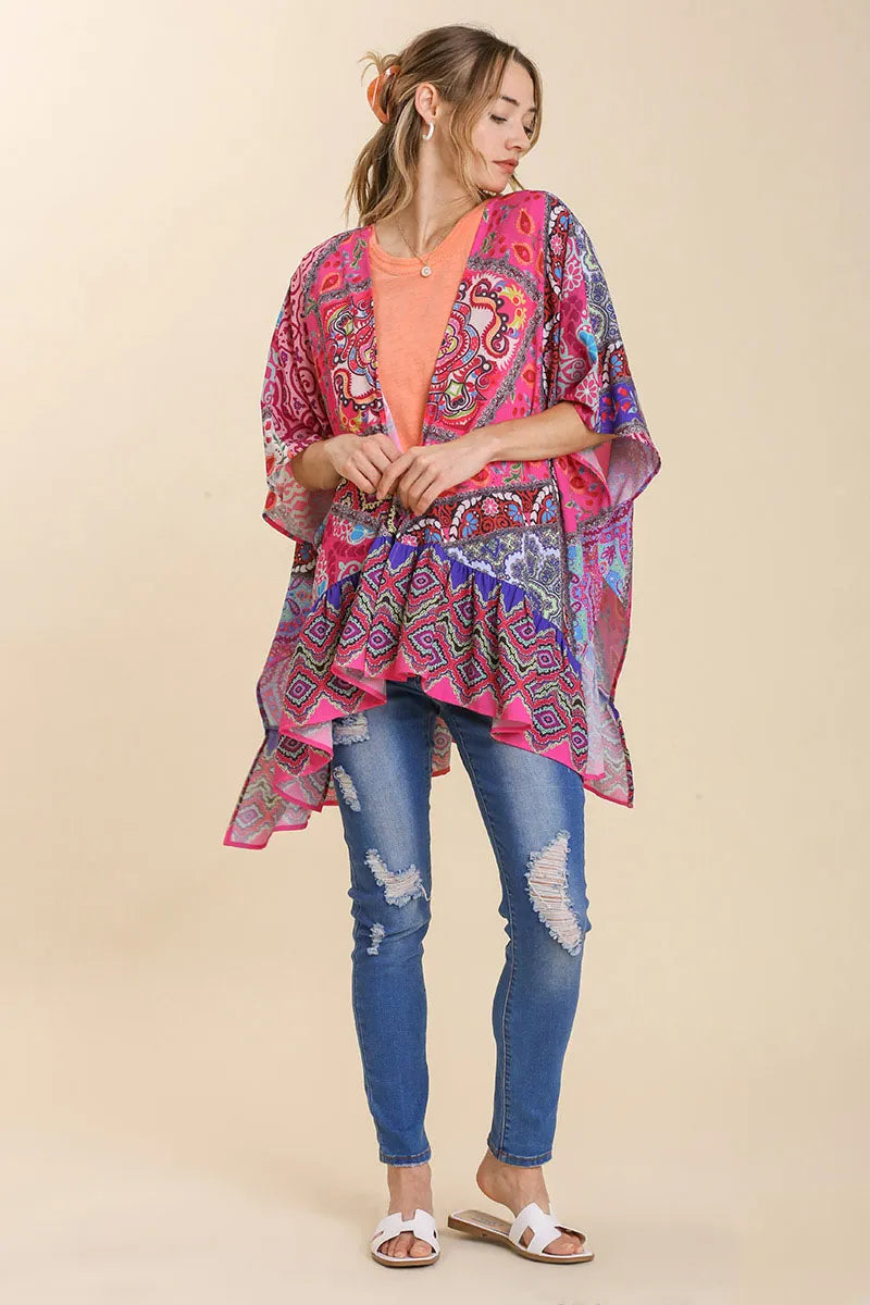 Umgee Full Size Mixed Print Ruffle Hem Open Front Cover Up Plus Size Women's Outerwear