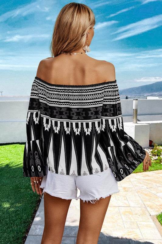 Geo Graphic Off Shoulder Loose Blouse - Shop Style & More | Fresh Looks, Everyday Deals & Free Shipping
