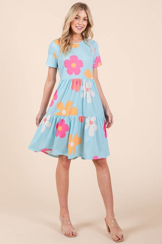 BOMBOM Floral Round Neck Short Sleeve Tiered Dress - Shop Style & More | Fresh Looks, Everyday Deals & Free Shipping
