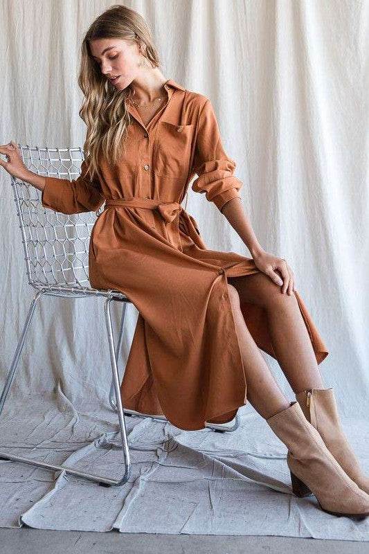 SOLID BUTTON DOWN BELTED LONG DRESS 30-545 - Shop Style & More | Fresh Looks, Everyday Deals & Free Shipping