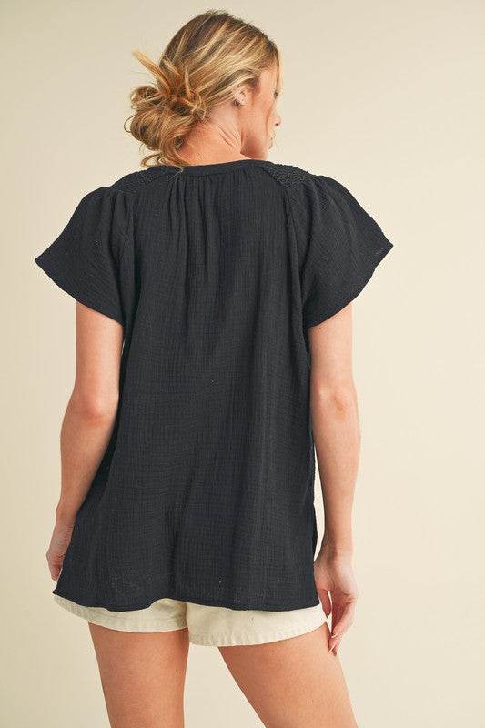 Aemi + Co Embroidered Trim Side Slit Notched Short Sleeve Blouse - Shop Style & More | Fresh Looks, Everyday Deals & Free Shipping