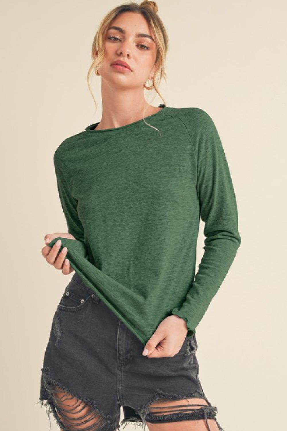 Aemi + Co Lettuce Hemline Round Neck Raglan Sleeve T-Shirt - Shop Style & More | Fresh Looks, Everyday Deals & Free Shipping