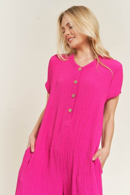 TEXTURED SHORT SLEEVE JUMPSUIT - Shop Style & More | Fresh Looks, Everyday Deals & Free Shipping