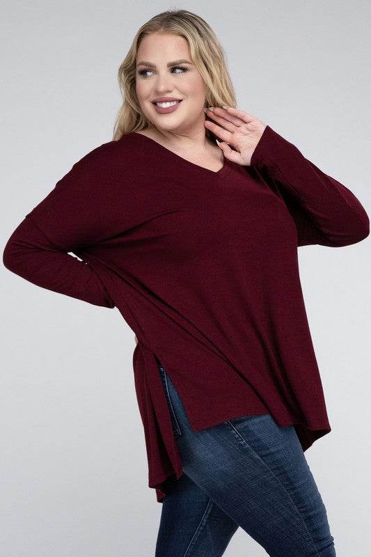 Plus Dolman Sleeve V-Neck Side Slit Hi-Low Hem Top - Shop Style & More | Fresh Looks, Everyday Deals & Free Shipping