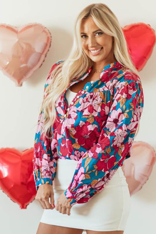 Taylor Floral Balloon Sleeve Half Buttons Blouse - Shop Style & More | Fresh Looks, Everyday Deals & Free Shipping