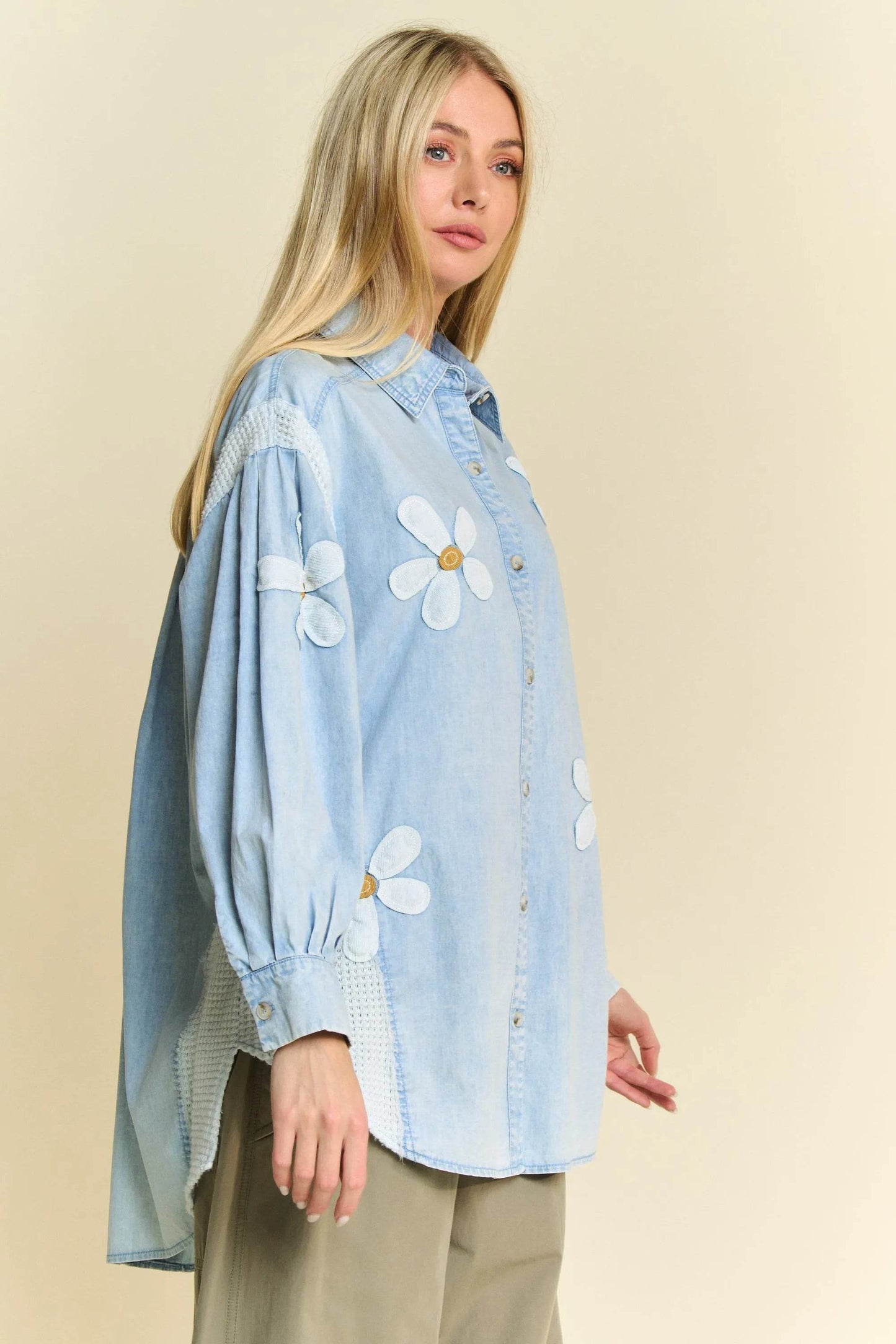 Davi & Dani Lightweight Washed Daisy Patch Waffle Knit Shirt - Shop Style & More | Fresh Looks, Everyday Deals & Free Shipping