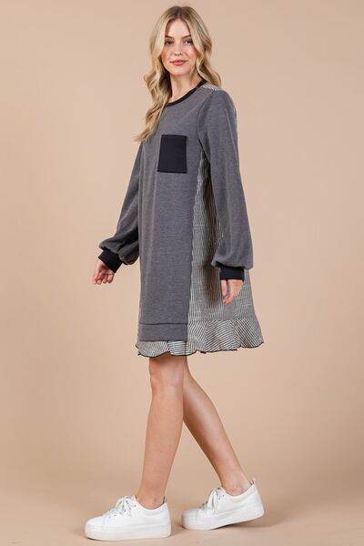 Ces Femme Striped Patchwork Round Neck Terry Sweatshirt Dress - Shop Style & More | Fresh Looks, Everyday Deals & Free Shipping