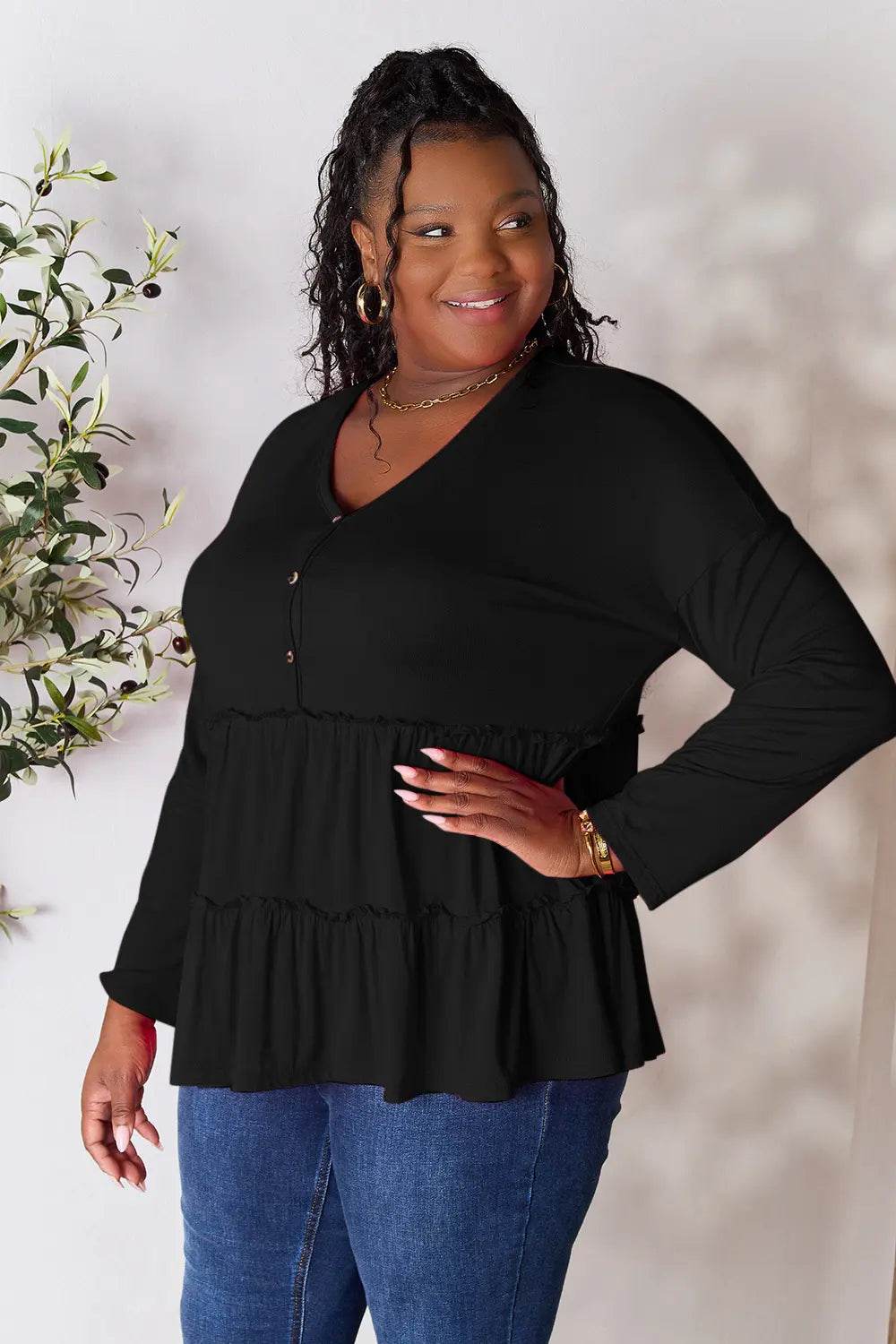 Double Take Half Button Long Sleeve Ruffle Hem Blouse - Shop Style & More | Fresh Looks, Everyday Deals & Free Shipping