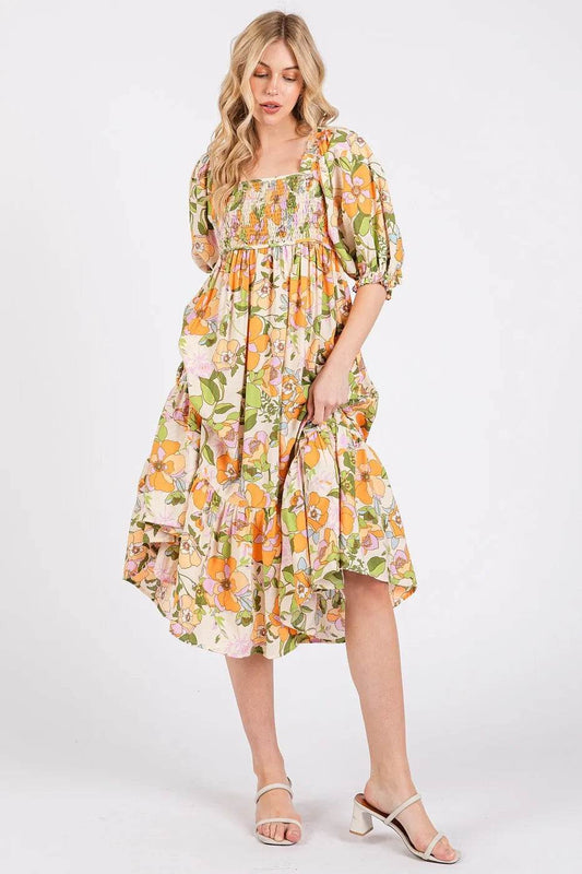 Mittoshop Flower Print Puff Sleeve Ruffle Smocked Midi Dress - Shop Style & More | Fresh Looks, Everyday Deals & Free Shipping