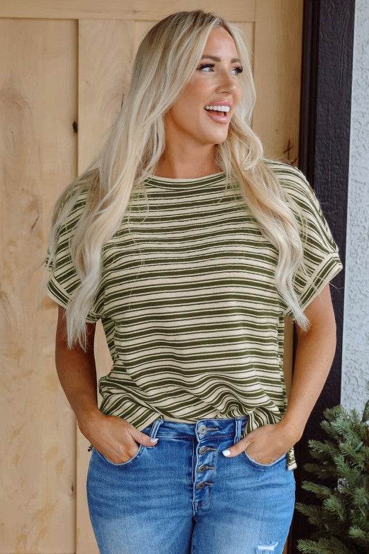 Abby Stripe Textured Side Slits Top - Shop Style & More | Fresh Looks, Everyday Deals & Free Shipping
