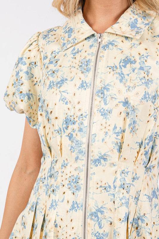 GeeGee Floral Eyelet Zipper Front Puff Sleeve Mini Dress - Shop Style & More | Fresh Looks, Everyday Deals & Free Shipping