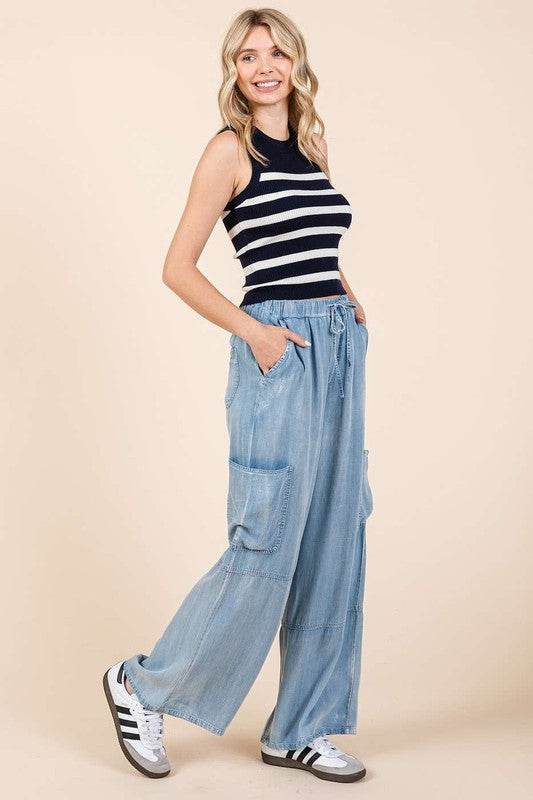 Mittoshop Washed Elastic Waist Cargo Wide Leg Pants - Shop Style & More | Fresh Looks, Everyday Deals & Free Shipping