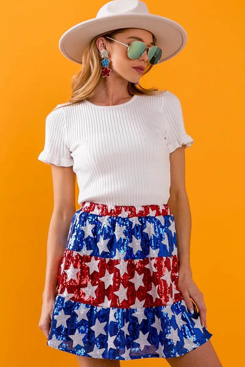 BiBi American Flag Theme Star Sequin Tiered Skirt - Shop Style & More | Fresh Looks, Everyday Deals & Free Shipping