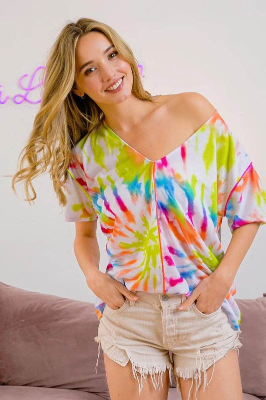 BiBi Tie Dye Print Jersey Stitched V Neck Top - Shop Style & More | Fresh Looks, Everyday Deals & Free Shipping