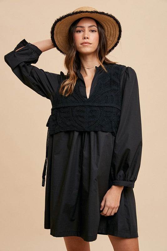 Annie Wear Crochet Vest Notched Long Sleeve Shirt Dress - Shop Style & More | Fresh Looks, Everyday Deals & Free Shipping