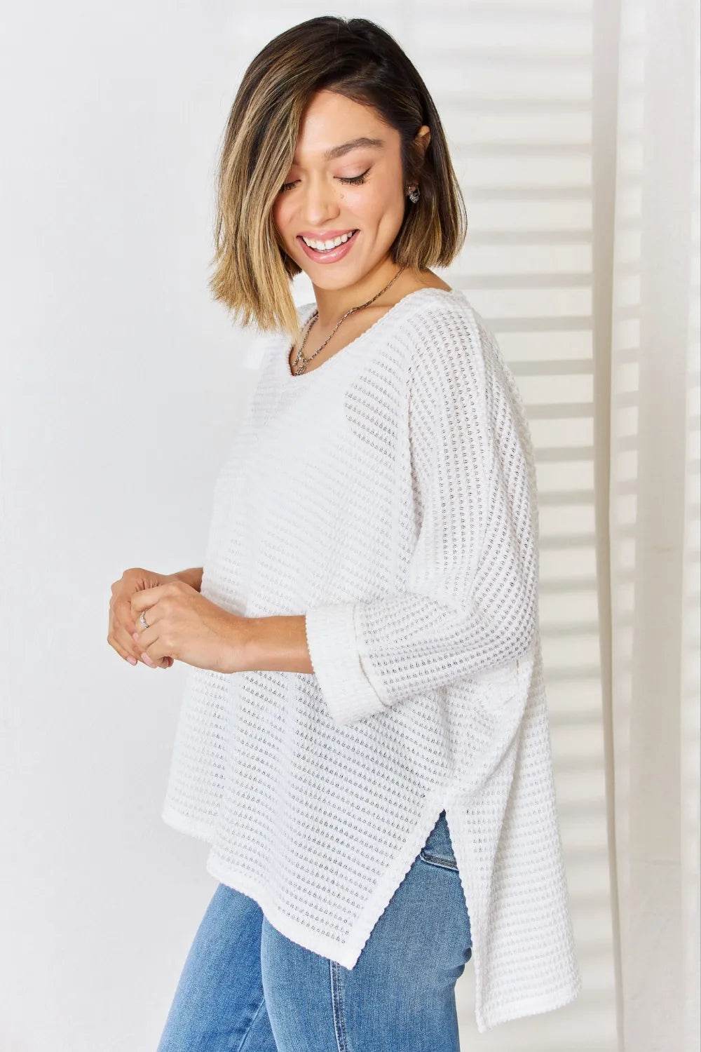 Zenana Full Size Waffle Knit V-Neck Long Sleeve Slit Top - Shop Style & More | Fresh Looks, Everyday Deals & Free Shipping