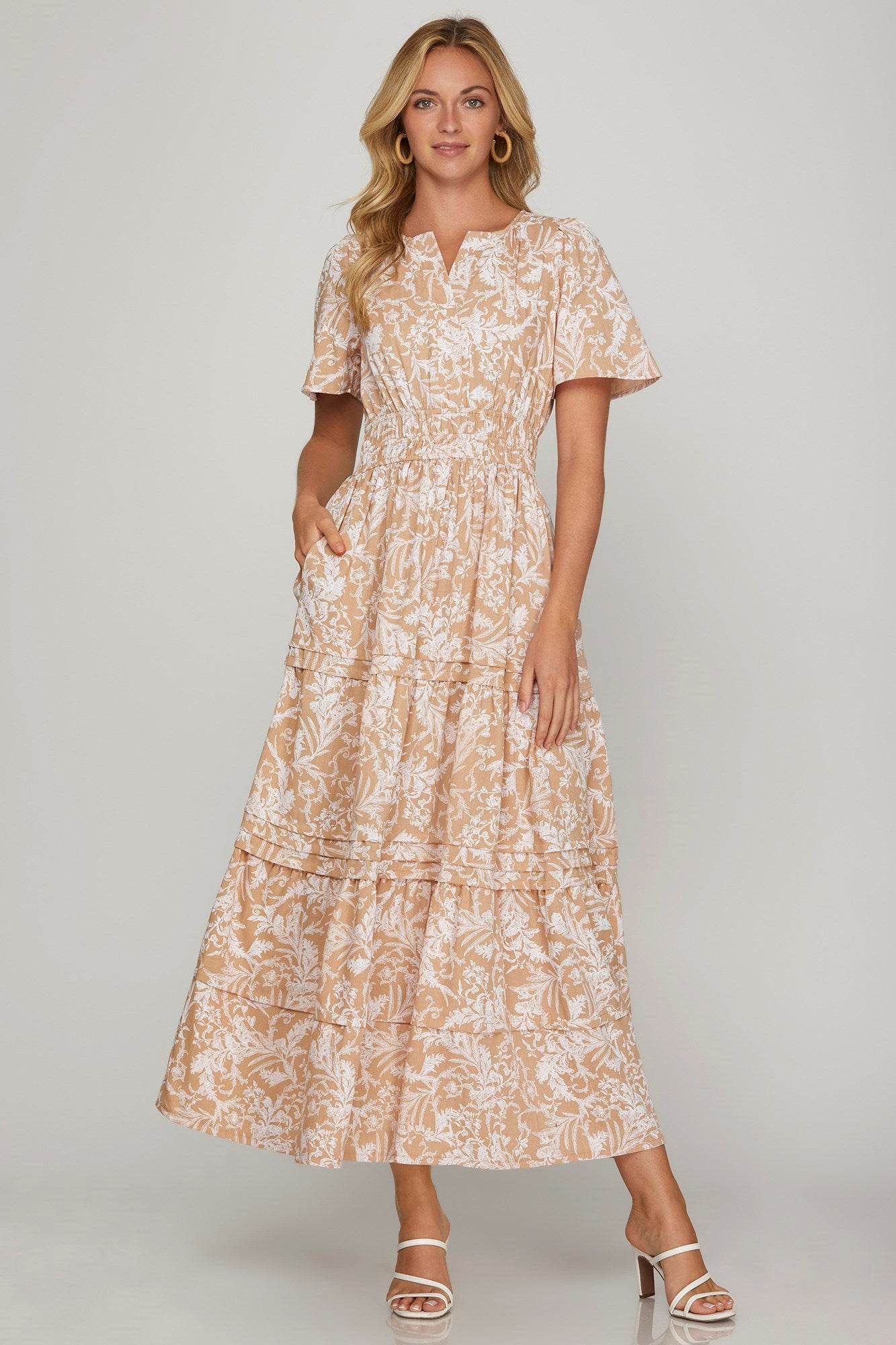 She + Sky Printed Notched Woven Tiered Pintuck Maxi Dress with Side Pockets - Shop Style & More | Fresh Looks, Everyday Deals & Free Shipping