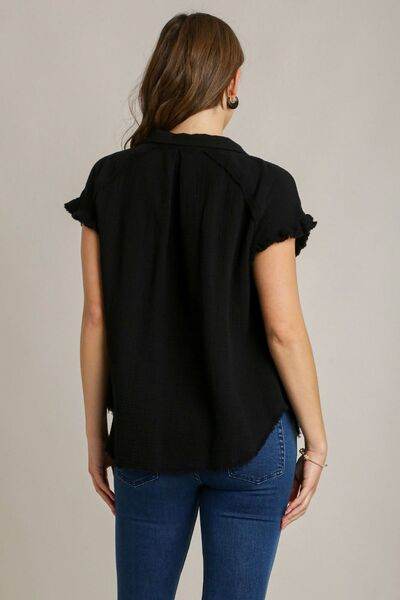 Umgee Full Size Frayed Hem Collared Neck Short Sleeve Shirt Plus Size - Shop Style & More | Fresh Looks, Everyday Deals & Free Shipping